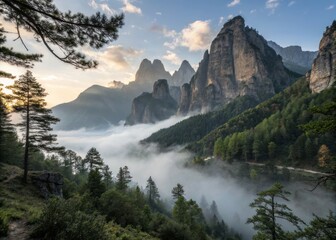 Soft Morning Light Illuminates a Serene Misty Mountain Landscape with Tranquil Atmosphere and Beauty