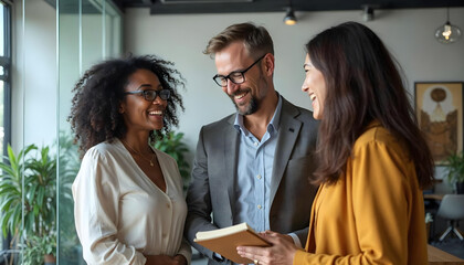 Three colleagues in a office having a conversation - aesethic diverse people
