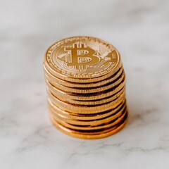 A stack of shiny gold Bitcoin coins on a marble surface.