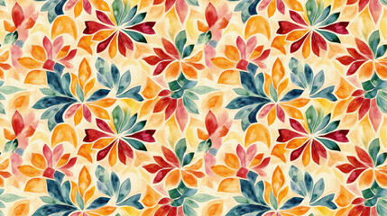 Seamless watercolor pattern featuring Majolica tiles and ethnic geometric shapes ideal for textile design and home decor