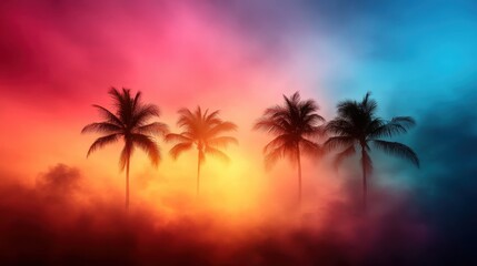 A breathtaking scene of a colorful sunset with vibrant hues behind four palm trees, enveloped in a gentle mist, symbolizing wonder and the beauty of nature.
