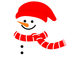 smiling snowman in red beanie hat and red scarf illustration