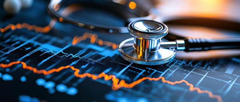 A stethoscope rests on a digital health chart, symbolizing the intersection of medical technology and data analysis in healthcare.
