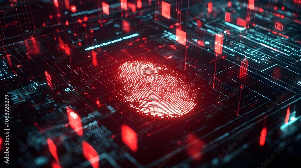 Poster glowing digital fingerprint amid high tech fraud detection warning signals on holographic screen