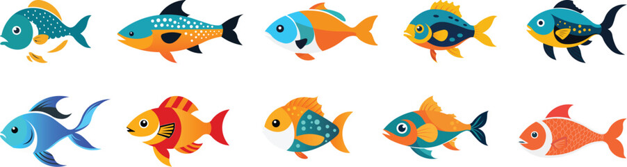 Set of 2D colorful fish vector icons.