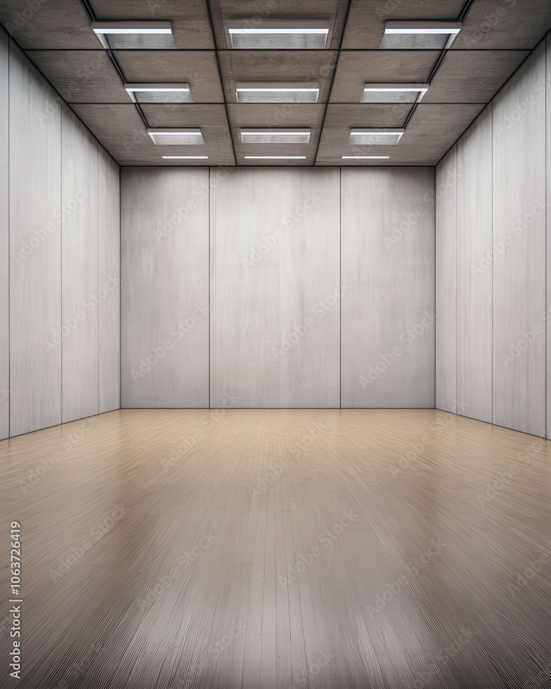 Poster a minimalistic, empty room with a concrete ceiling and wooden floor, illuminated by ceiling lights, 