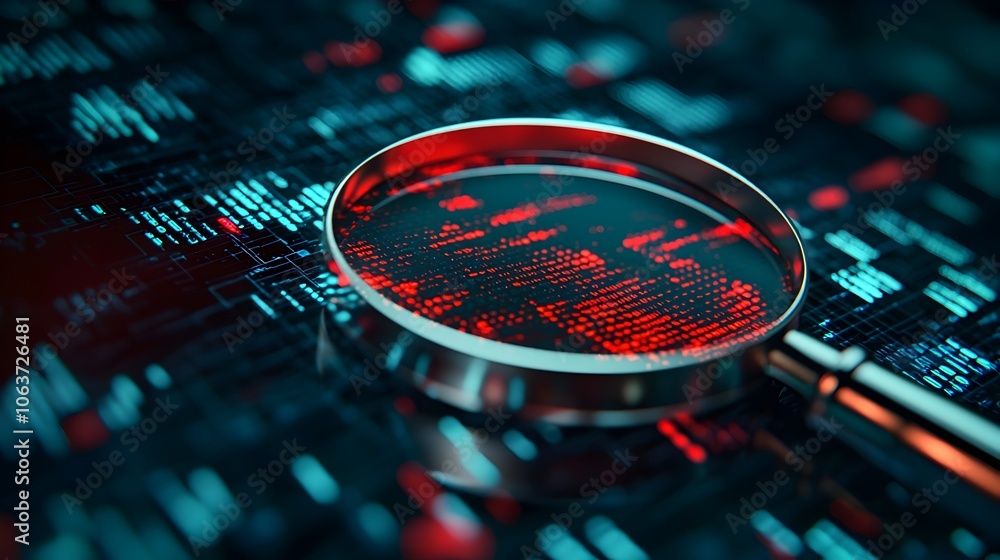 Poster magnifying glass focusing on flagged transaction in rows of financial data fraud detection concept