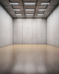 Fototapeta premium A minimalistic, empty room with a concrete ceiling and wooden floor, illuminated by ceiling lights, creating a modern architectural aesthetic.