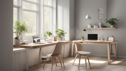 a cozy home office with a scandinavian design featuring a simple wooden desk a sleek modern laptop