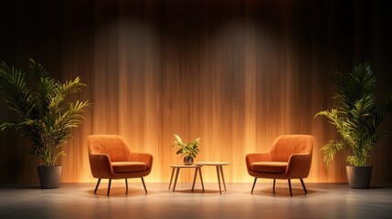 Two orange chairs face each other on a stage, surrounded by ambient lighting and tall plants, creating a warm, inviting atmosphere for conversation or relaxation.