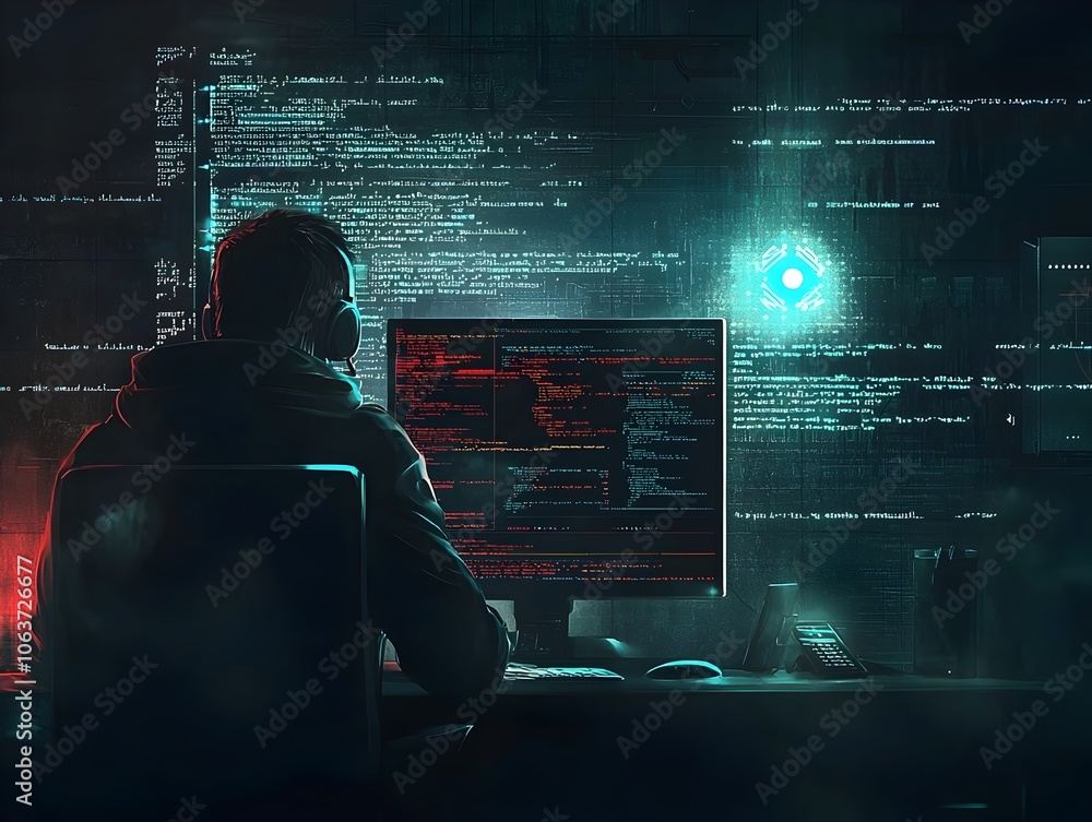 Poster hacker in a dark room monitors security intercepting data for real time fraud prevention