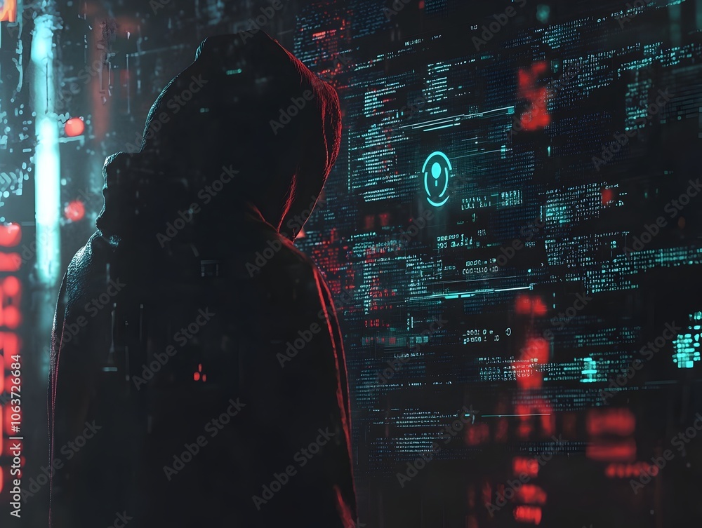 Poster hacker in dark room intercepted by security ai fraud detection concept