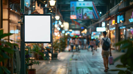 Outdoor digital signage with a bright, high-definition screen in an open-air marketplace, displaying real-time ads and promotions from nearby stores