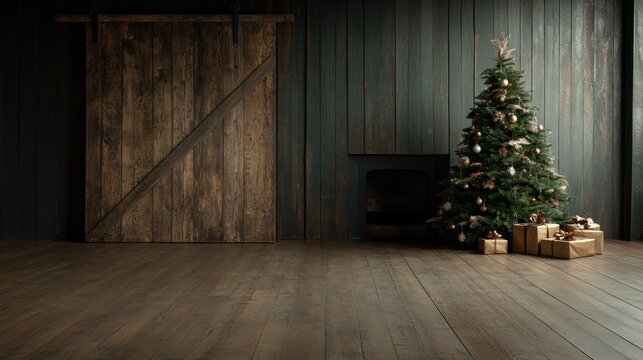 A rustic holiday backdrop displaying a Christmas tree adorned with ornaments and gold-wrapped presents, set against a wooden wall and sliding barn door setting.