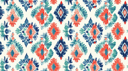 Colorful seamless pattern featuring paintbrush strokes with Aztec motifs in blue red and green pastels ideal for textiles and home decor ethnic design watercolor texture