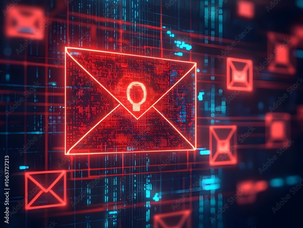Poster fraudulent email phishing link highlighted with flashing warning symbols symbolizing online scam det