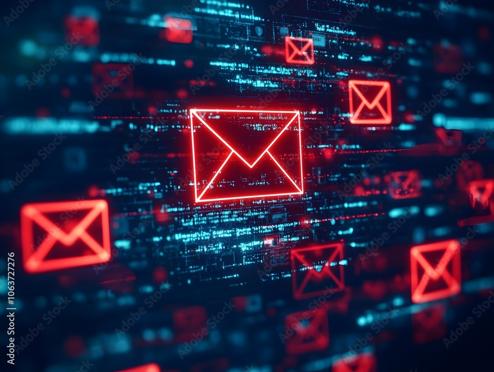 Poster fraudulent email phishing link highlighted with warning symbols flashing across screen