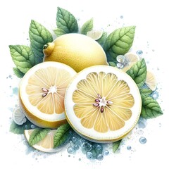 흰 배경, 레몬, 단면, 수채화 (white background, lemon, section, water colour)