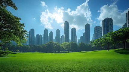 Obraz premium Green Grass Park with City Skyline - Realistic Image