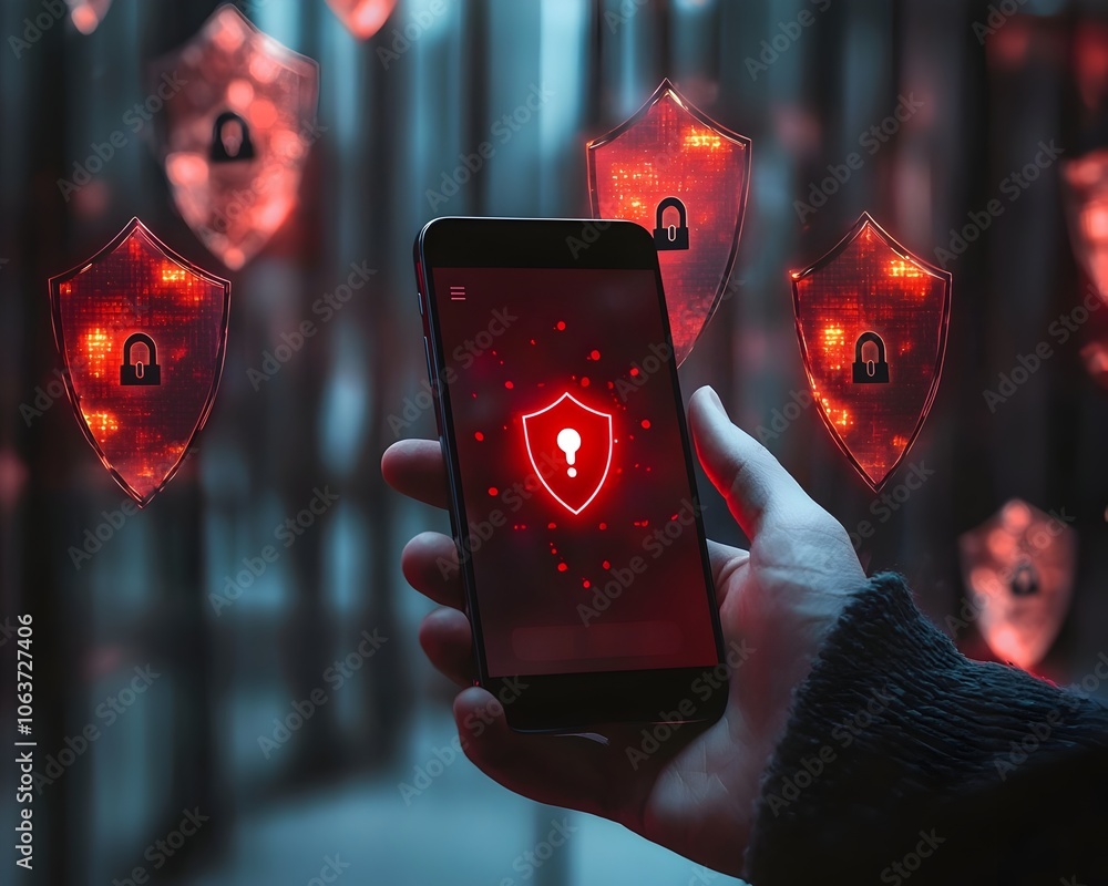 Poster hand holding smartphone with red fraud alert message and digital security shields