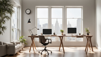 Fototapeta premium a creative and modern home office setup featuring a standing desk a high end laptop and an adjustaatble