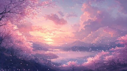 Fototapeta premium A soft, pastel landscape featuring cherry blossoms in full bloom under a gentle sunset, casting a warm glow and inviting serenity.
