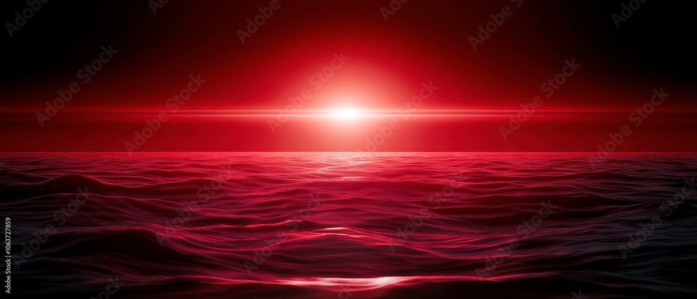 Poster A stunning, surreal view of a red sun setting over dark ocean waves, creating a dramatic and otherworldly atmosphere.