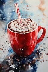 Warm festive hot chocolate in red mug with candy cane
