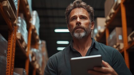 A warehouse worker observes inventory while holding a tablet, surrounded by shelves filled with boxes, emphasizing modern logistics and technology in supply chains.