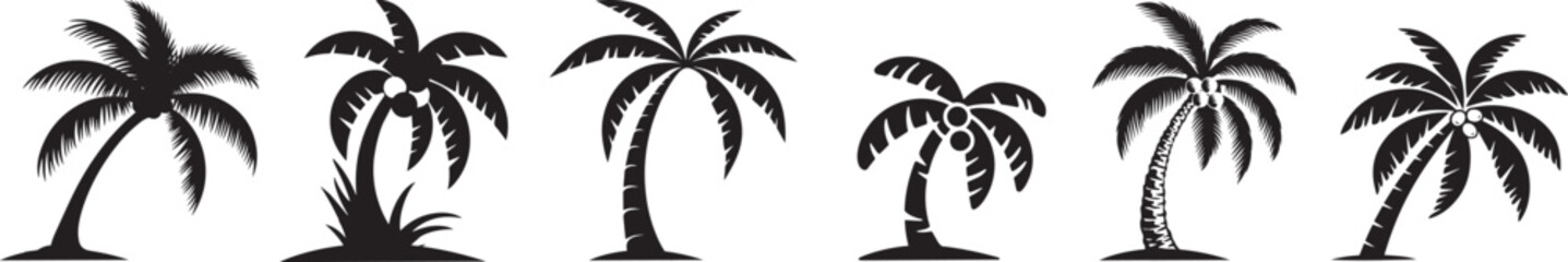 Vector silhouette icons of coconut trees.
