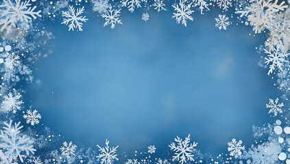Christmas background with snowflakes on blue gradient background. Winter holiday concept. Flat lay.