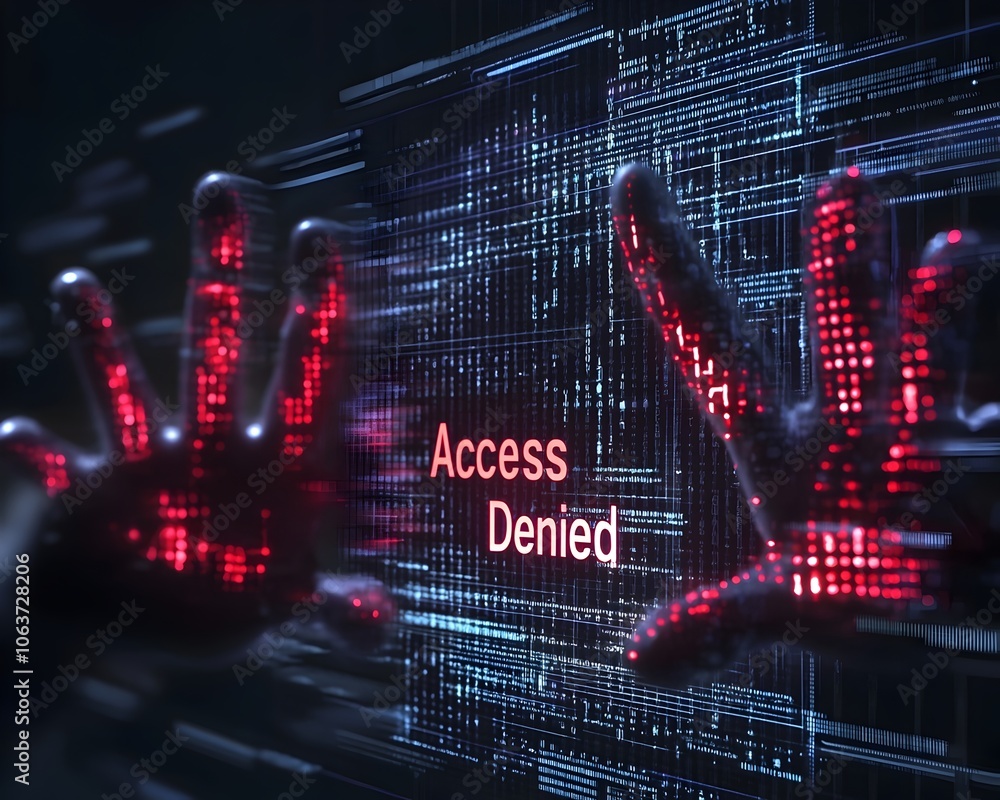 Poster digital barrier blocking fraudulent access attempts with glowing red alert message
