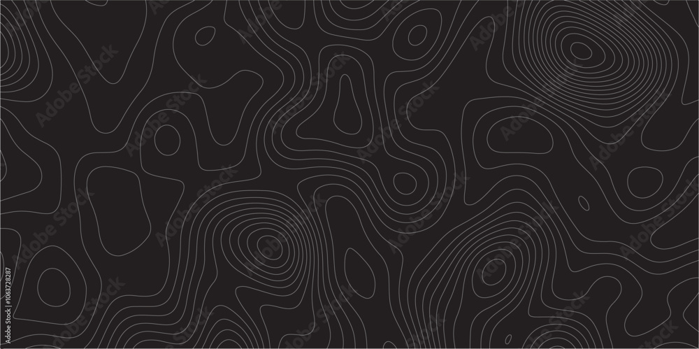 Poster Abstract white on black background Topographic line map pattern. Modern Abstract Design Concept Elegant Black Beautiful Topo Wallpaper Design illustration for art, fabric, packaging, web, banner.