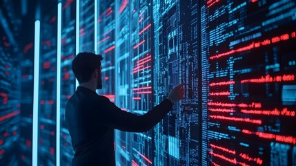Forensic Expert Analyzing Hacked Server with Data Streams Highlighting Fraud Detection