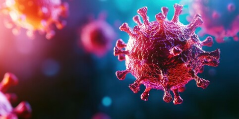 A vivid depiction of a coronavirus particle in detail, showcasing its structure and vibrant colors in a microscopic view.