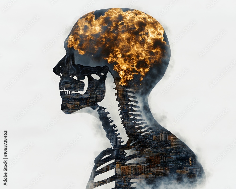 Aufkleber a surreal depiction of a skull filled with flames, illustrating the fusion of anatomy and explosive 