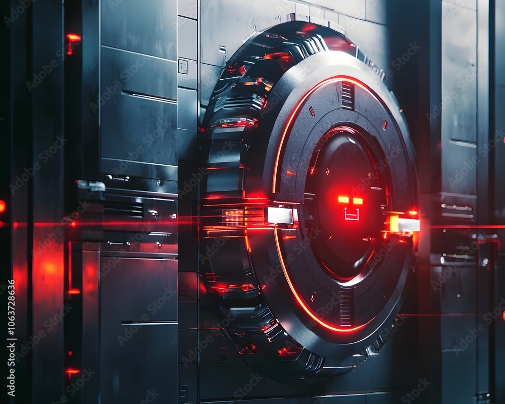 Poster futuristic ai driven bank vault with glowing red alarm symbols detecting fraud in highly secured sys