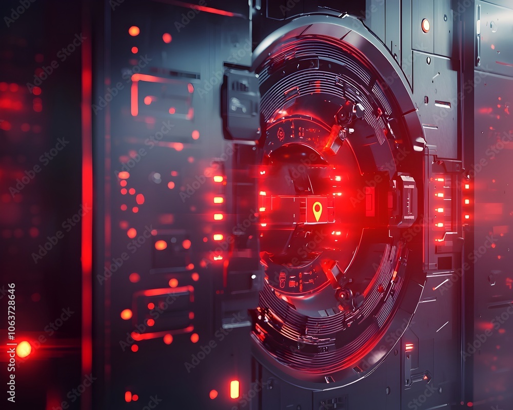 Poster futuristic ai driven bank vault with glowing red alarm symbols depicting fraud detection in secured 