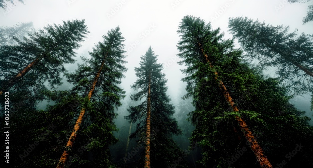 Poster A misty forest scene with tall evergreen trees reaching towards the foggy sky, creating a serene and enchanting atmosphere.