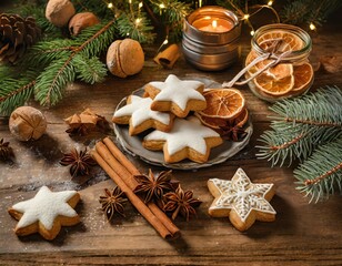 Traditionelles Stillleben mit Weihnachtsplätzchen, Zimtstangen und Tannenzweigen auf Holztisch