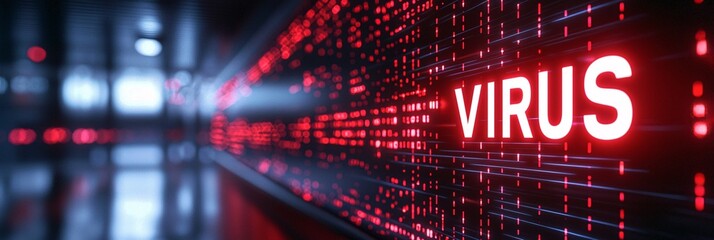 A digital representation of a virus with glowing red text against a dark, futuristic background, symbolizing technology and health concerns.