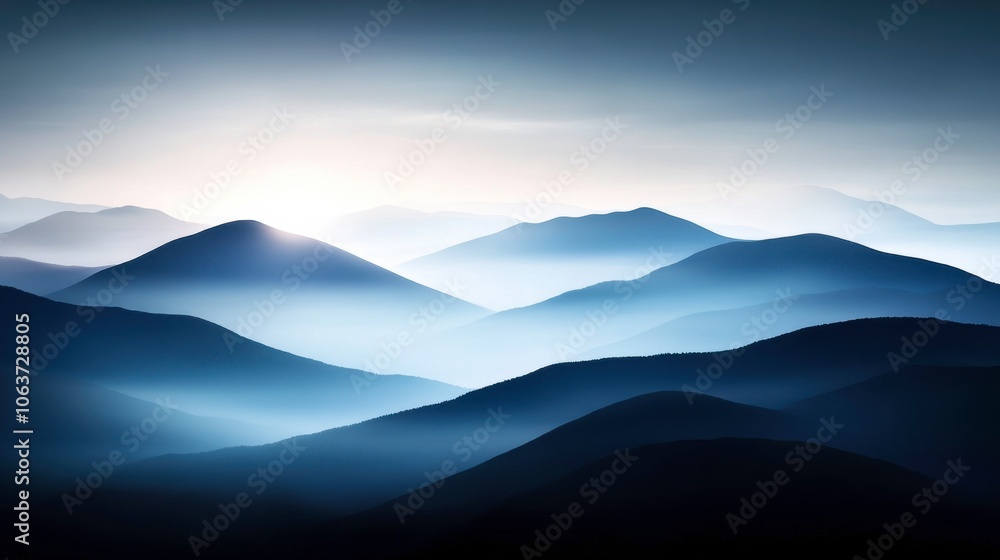 Poster a serene landscape of layered mountains shrouded in mist, showcasing a tranquil blue and gray color 