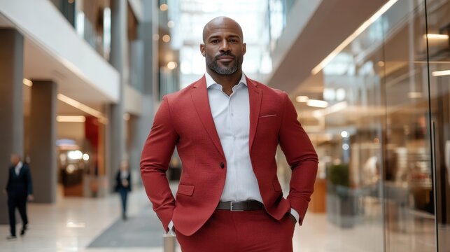A confident man with a beard dressed in a red suit stands in a modern mall environment, exuding a sense of style, sophistication, and professional elegance.