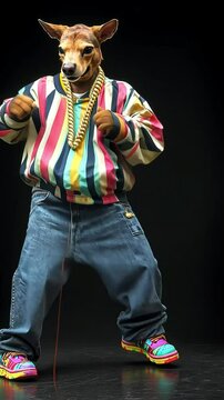 A deer wearing a colorful striped jacket, jeans, and sneakers with a thick gold chain around its neck,  stands on a black background.