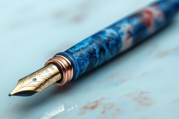 Close-up of a Blue and Gold Fountain Pen with a Swirling Pattern