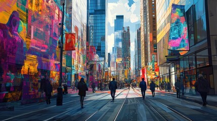 Fototapeta premium People walking in a city street with tall buildings.