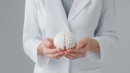 Doctor wearing lab coat presenting anatomical model of human brain