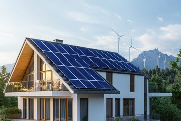 Fototapeta premium A modern house featuring solar panels on the roof, surrounded by nature, with wind turbines visible in the background, showcasing renewable energy.