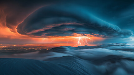 A dramatic storm cloud with lightning strikes over a mountain range with a city in the distance.