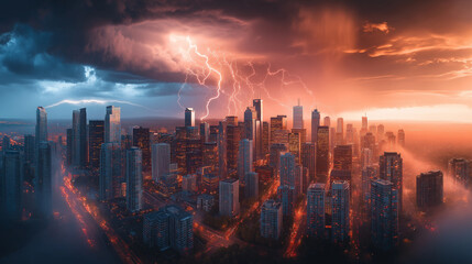 Fototapeta premium A dramatic storm rolls in over a city skyline, with lightning striking through the dark clouds.